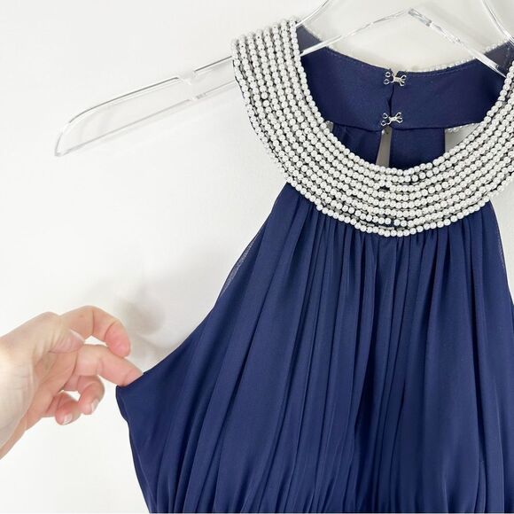 Speechless Junior Halter Style Chiffon Navy Cocktail Dress with Pearl Collar 1 - Picture 11 of 16